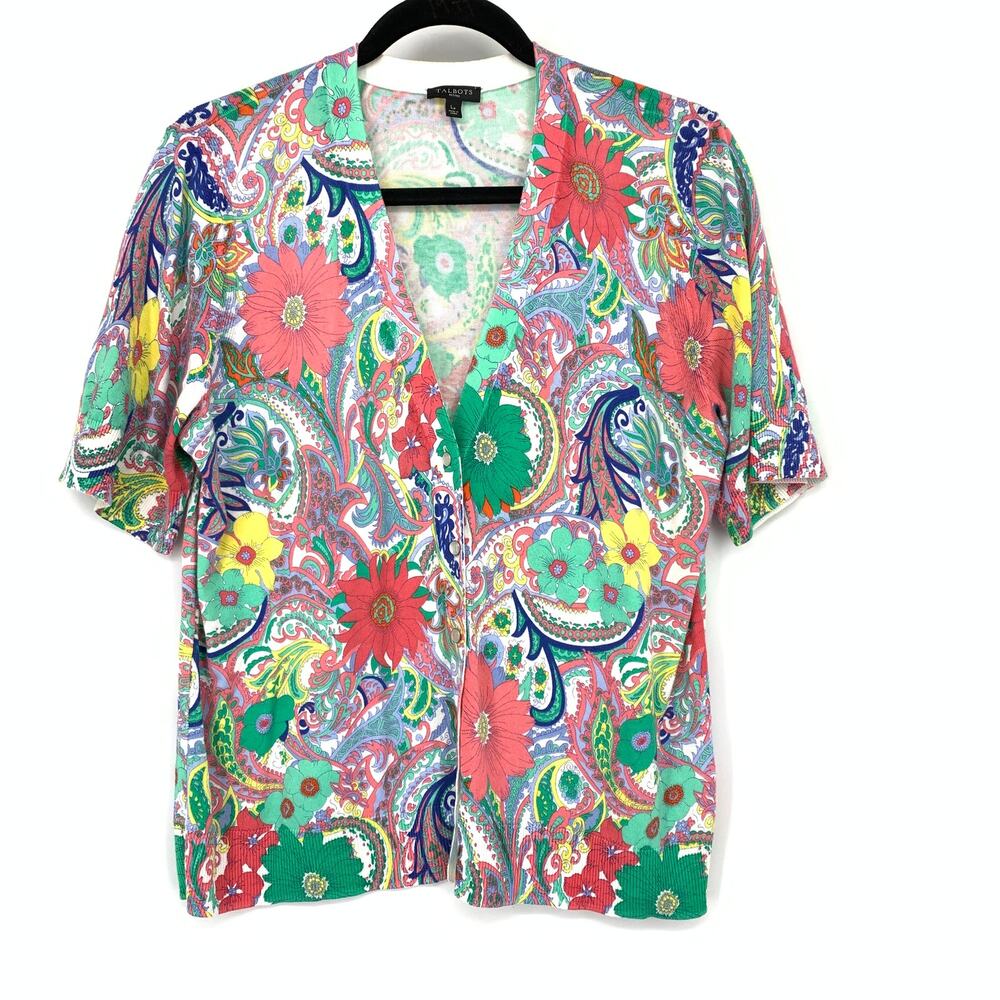 Talbots Short Sleeve V-Neck Cardigan Sweater Womens Sz LP Multicolor Floral